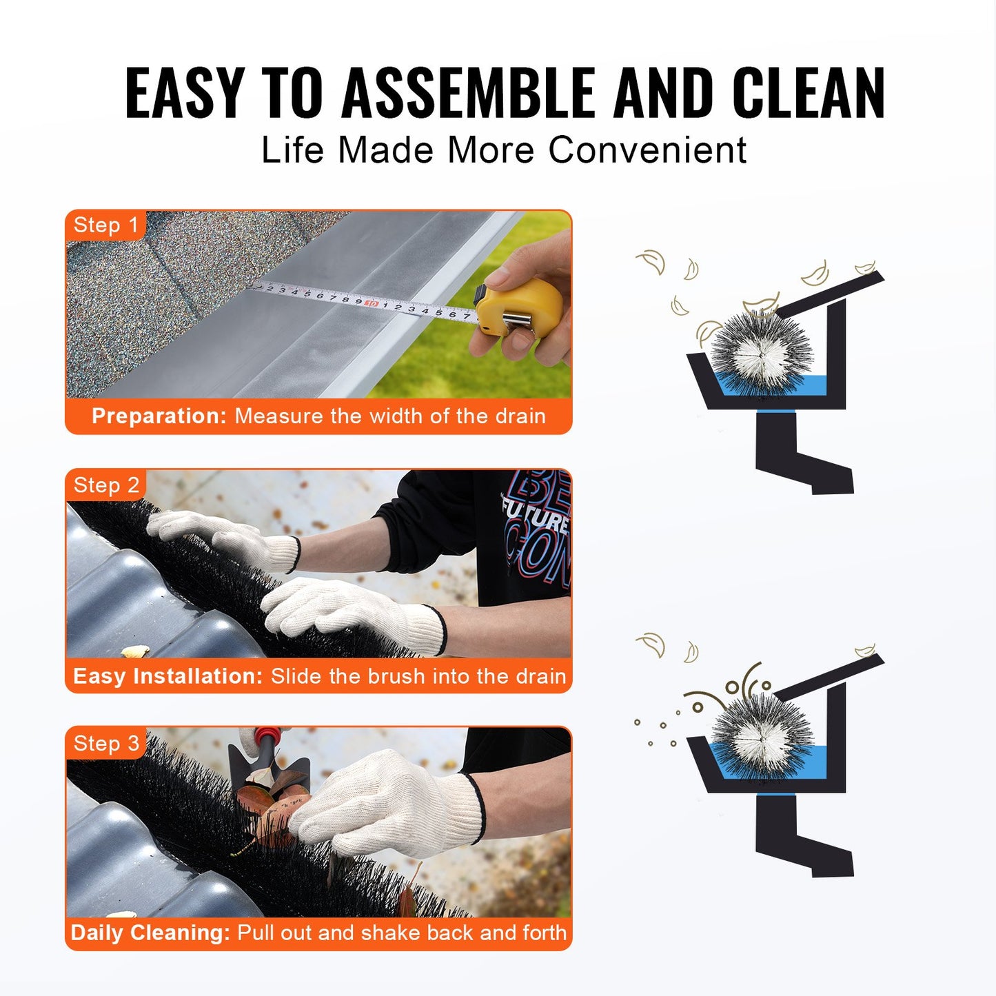 Gutter Brush, 60 Feet Total Length 5.25 Inch Diameter Gutter Cleaning Tools, Ground-Level Gutter Brush Leaf Guard For 5 Inch Gutters, Easily Clear Roof Leaves And Debris, 20 Pack