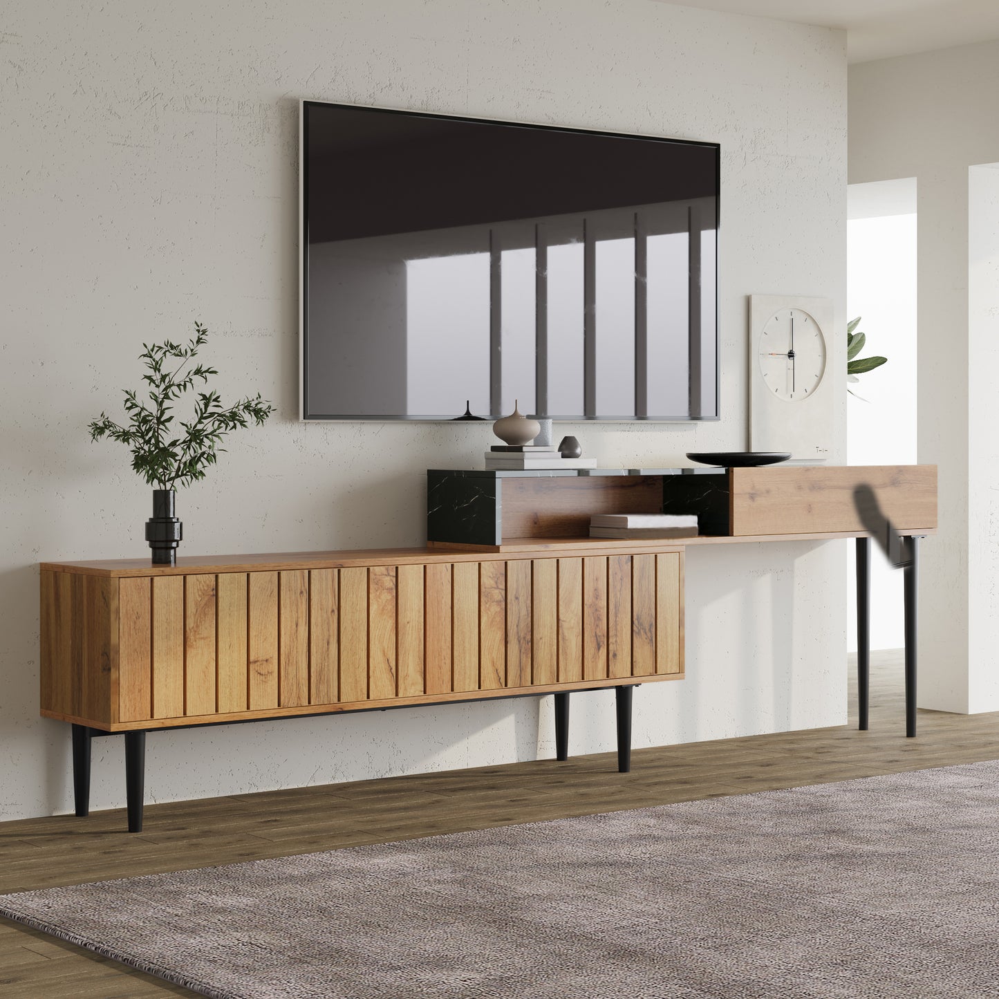 Modern TV Stand With Marble And Wood Grain Design, PVC Edge, Iron Legs, Dark Wood Color, Home Decoration, Space-saving, Durable And Long-lasting