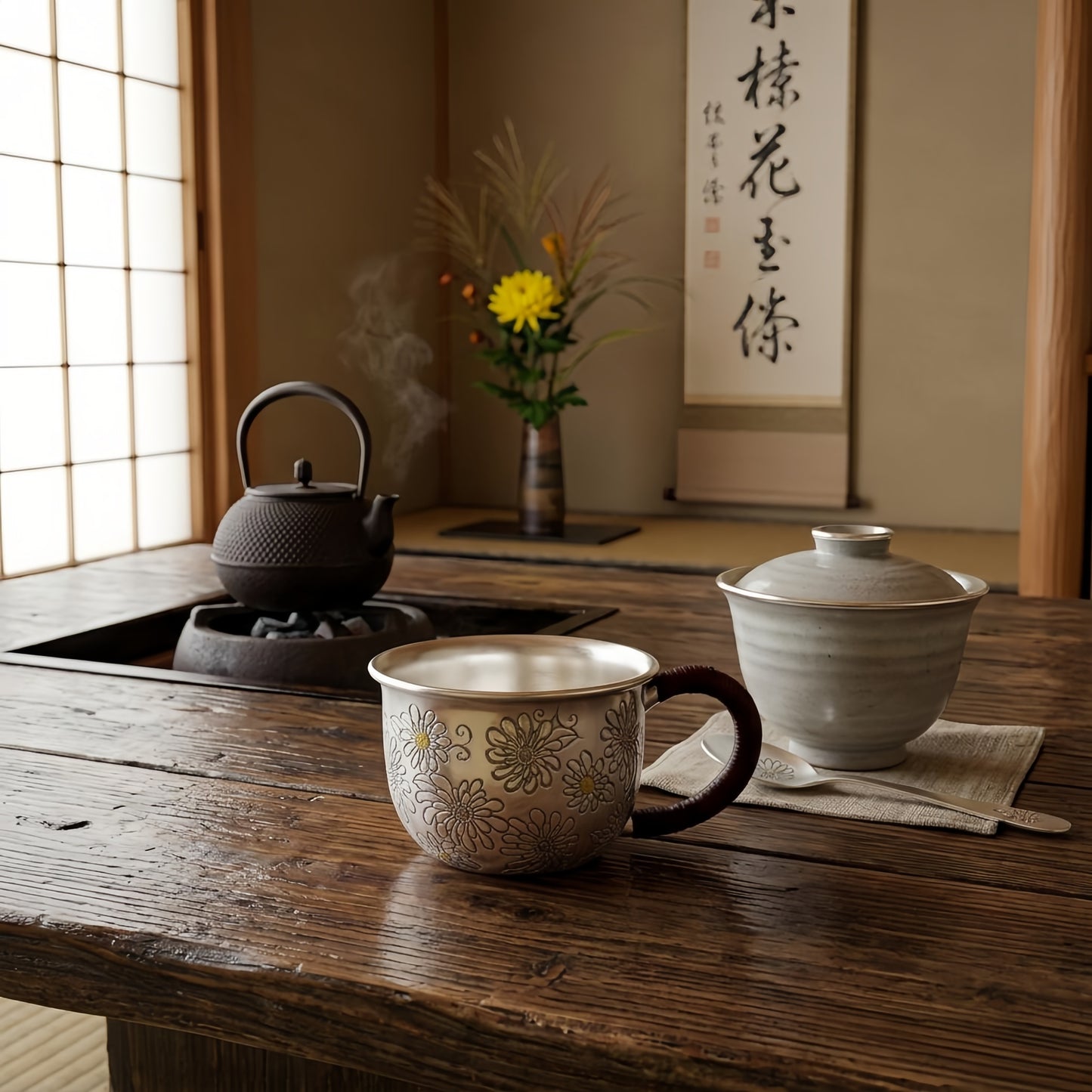 Pure 999 Fine Silver Elegant Silver Floral Engraved Tea Mug with Woven Cord Handle - Handicraft