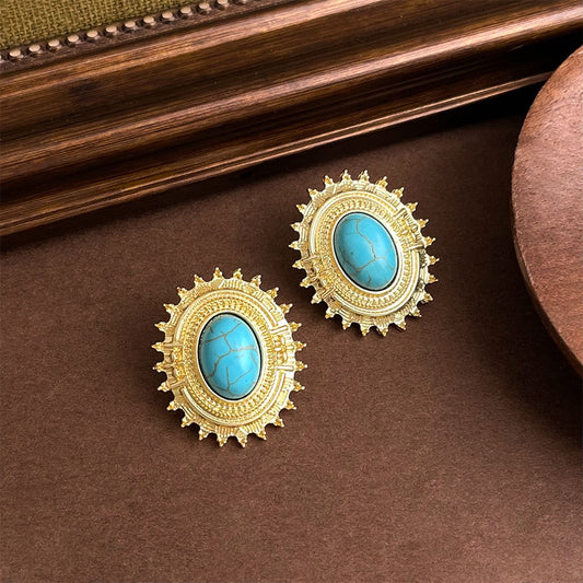 Retro Turquoise Earrings Women Vintage Style Heavy Industry Stud Earrings Bold Statement Fashion Jewelry