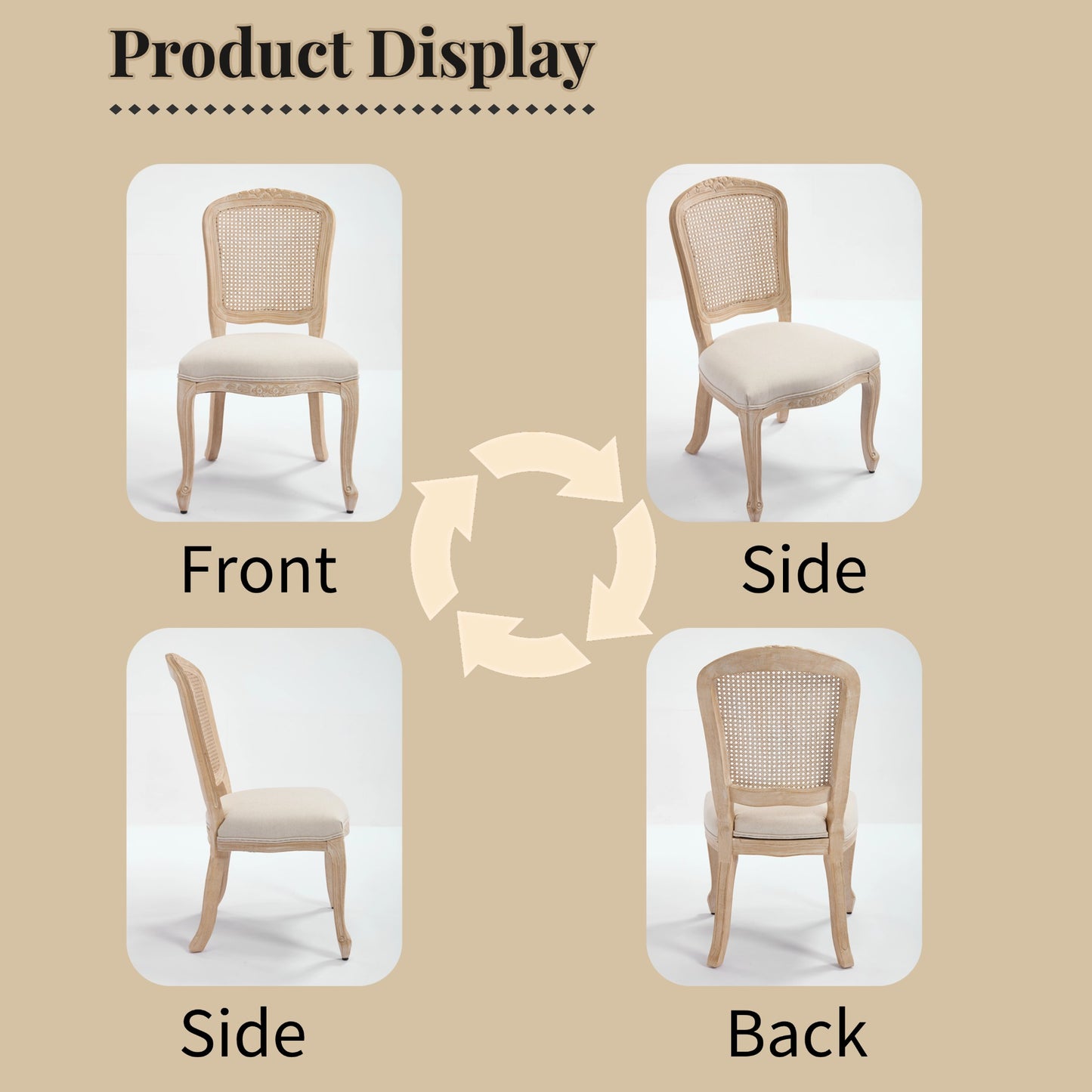 French Country Dining Chairs Set Of 2, Upholstered  Chairs With Nature Rattan Fan-shaped Back, Wire Drawing And Carving Techniques ,Disassemblable ,  For Living Room, Kitchen , Restaurant Use, Beige