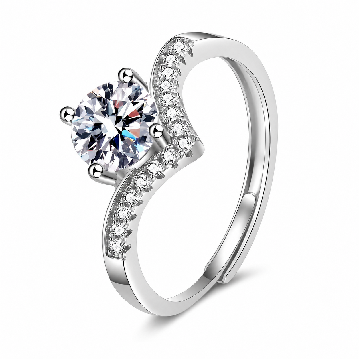 Round Brilliant CZ Twist Split Shank Open Adjustable Promise Ring For Women, Copper Silver Plated Paved Accent Crystal Wedding Engagement Jewelry Gift
