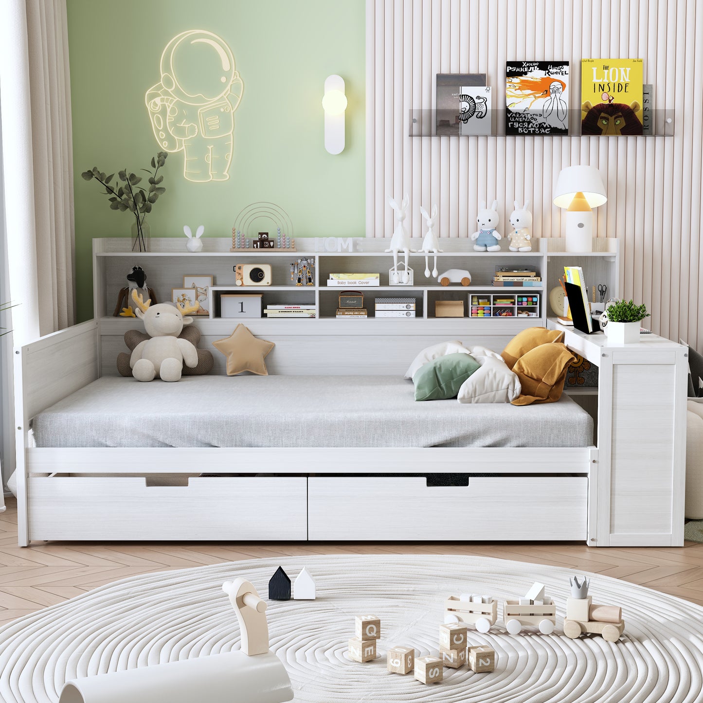 Wooden Full Size Daybed With Storage Shelves, Multi-functional Bed With Two Storage Drawers And  Study Desk, Antique White  Old SKU N733S241486K
