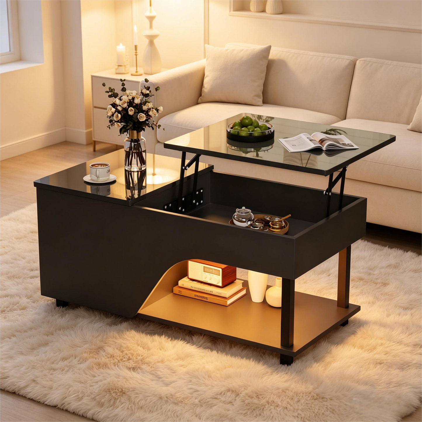 50 X 100 X 46cm Height Adjustable Living Room Coffee Table,Side Table With Hidden Storage,Openwork Coffee Table,High Gloss LED Sofa Table,Tea Table With Side Shelf,Black