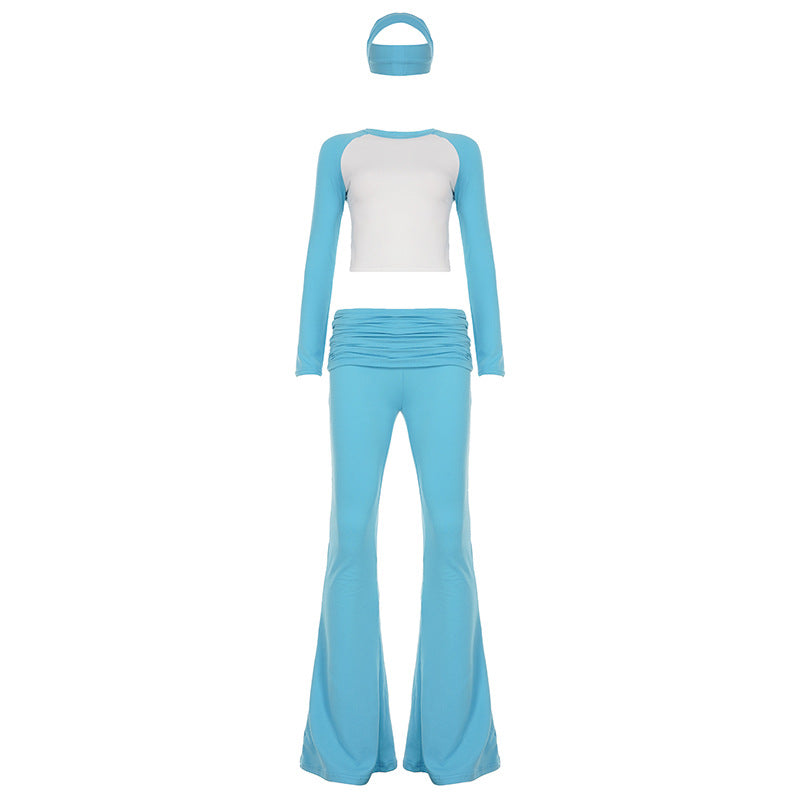 American Casual Sports Suit Basic Style Color Contrast Long Sleeve T-shirt Waist Pants Fitness Three-piece Set