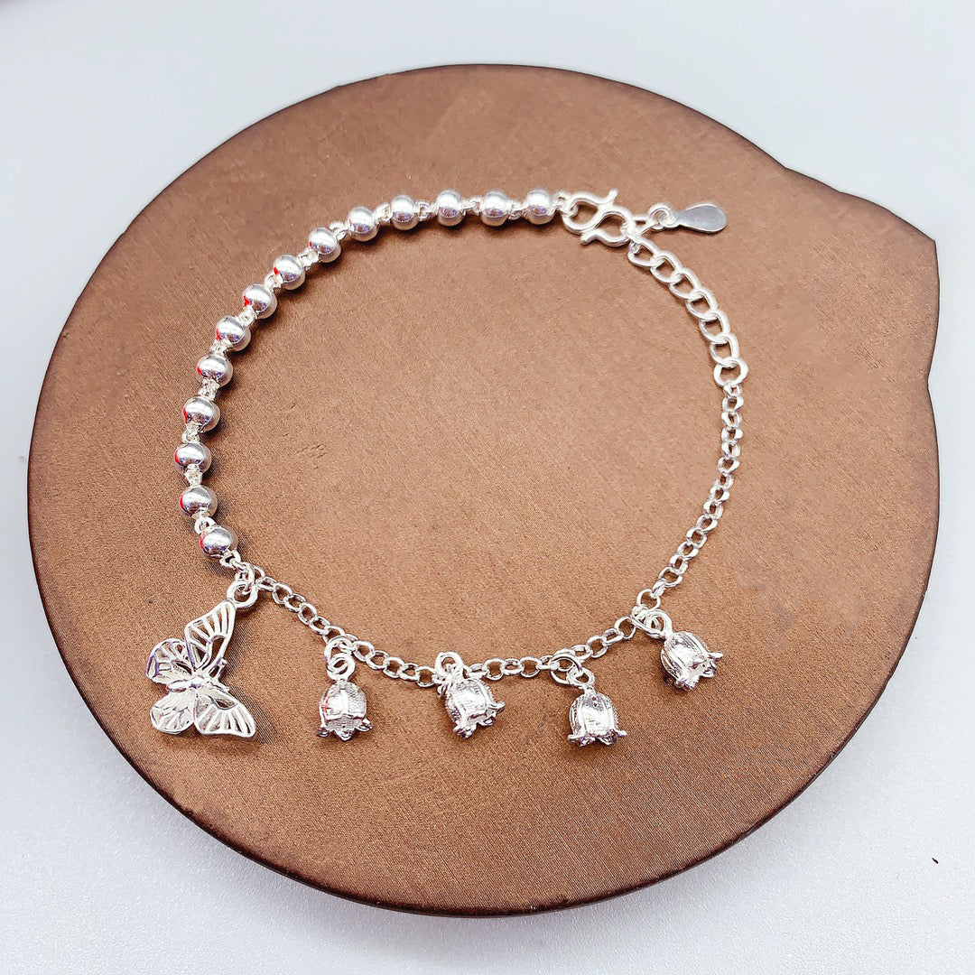 1pcs 999 Sterling Silver Beaded Bellflower & Butterfly Bracelet, Elegant Romantic Style, Ideal For Birthday & Holiday Gifts