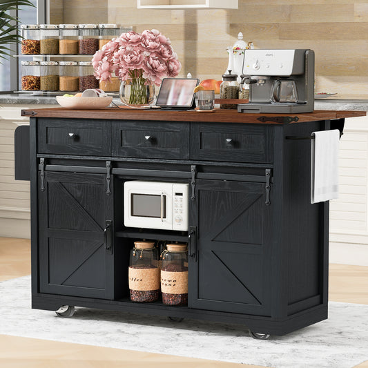 K&K 53.7  Farmhouse Kitchen Island With Power Outlet, 2 Sliding Barn Door Kitchen Storage Island With Drop Leaf, Spice Rack Rolling Kitchen Cart On Wheels, For Home, Kitchen And Dining Room, Black