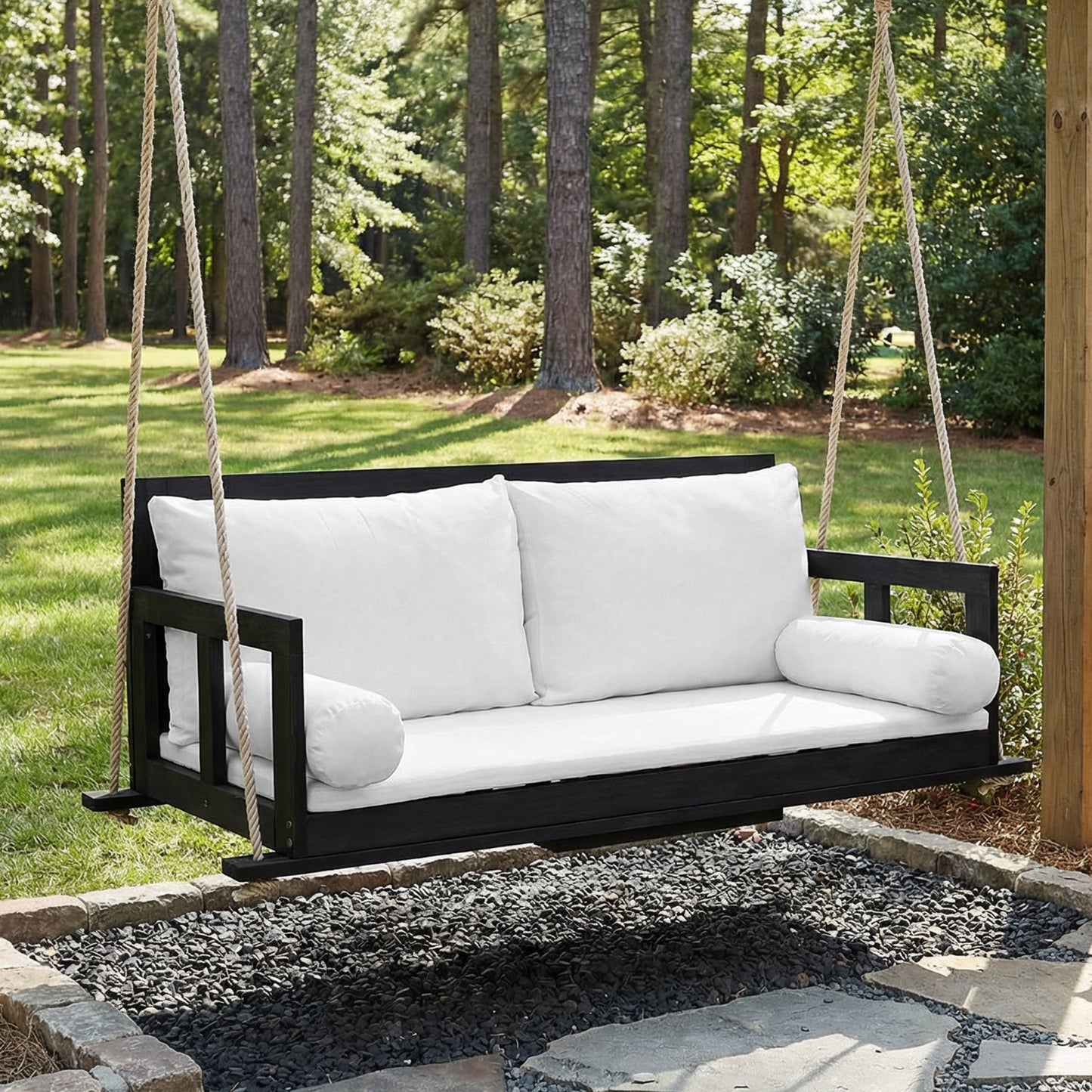 Swing Double Seat, Hanging Swing For The Outdoor Garden, Including Cushions And Two Ropes, Frame Not Included. The Cushion Is Removable And Washable. Made Of Acacia Wood, Black Beige