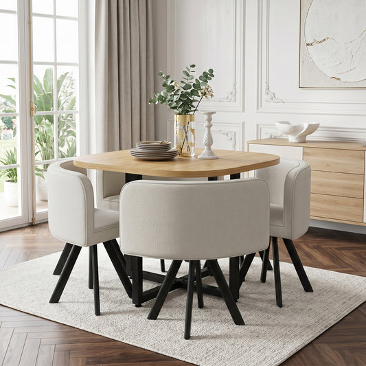 Dining Table And Chair Set For 4 People, Consisting Of A Dining Table  85 X 85 Cm And Four Chairs Covered With Linen, Suitable For Kitchen And Dining Room  Oak Table Top  Beige Chairs