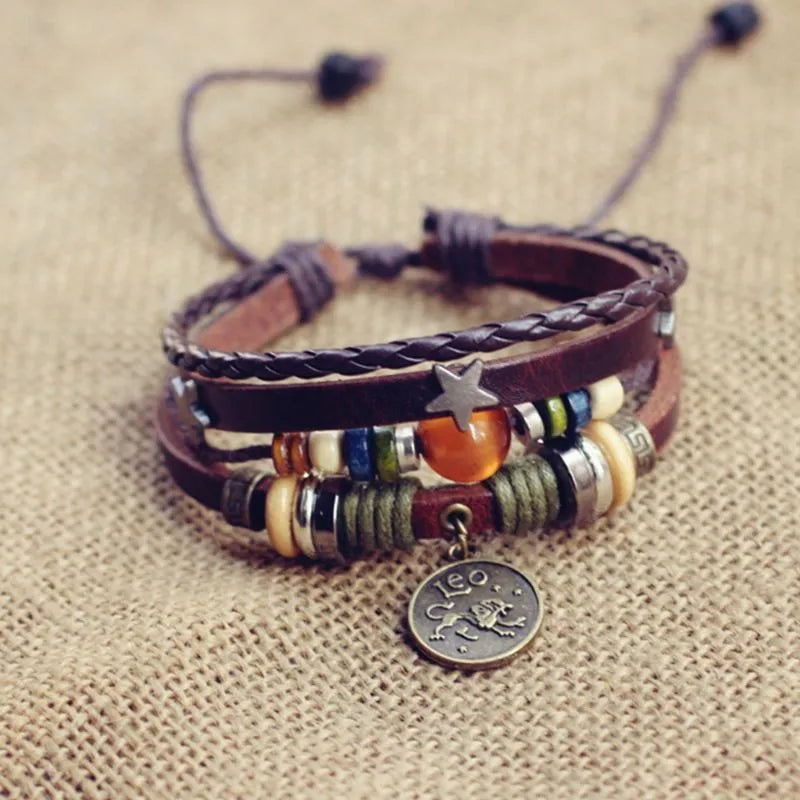 1pcs Multi-Layer Braided Leather Wooden Bead Star Zodiac Charm Adjustable Bracelet, Retro Boho Ethnic Style, For Men Women Daily Campus Travel & Constellation Holiday Gifts