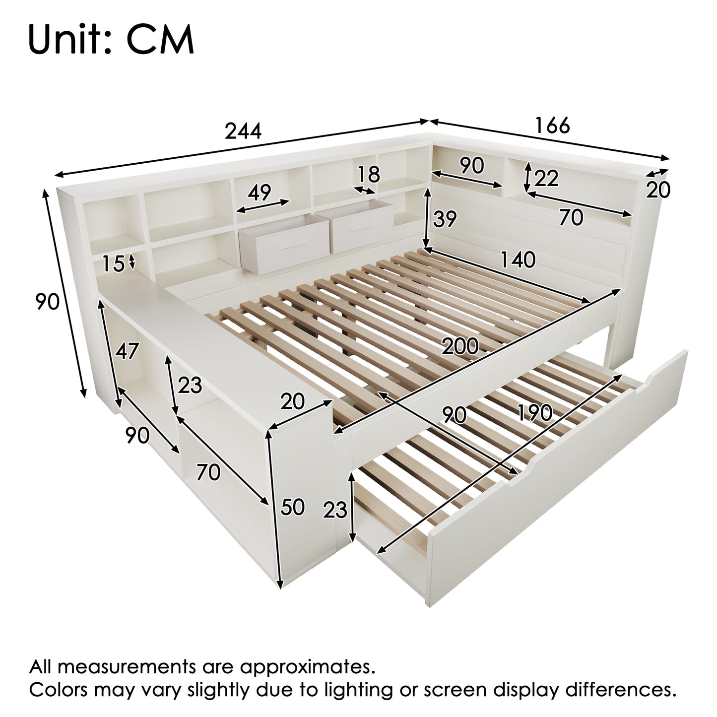 AB403945678W Storage Bed 140x200 In White, Wooden Bed With Pull-out Bed, 8 Storage Compartments & USB Type-C Charging  Space-saving Double & Youth Bed, Without Mattress