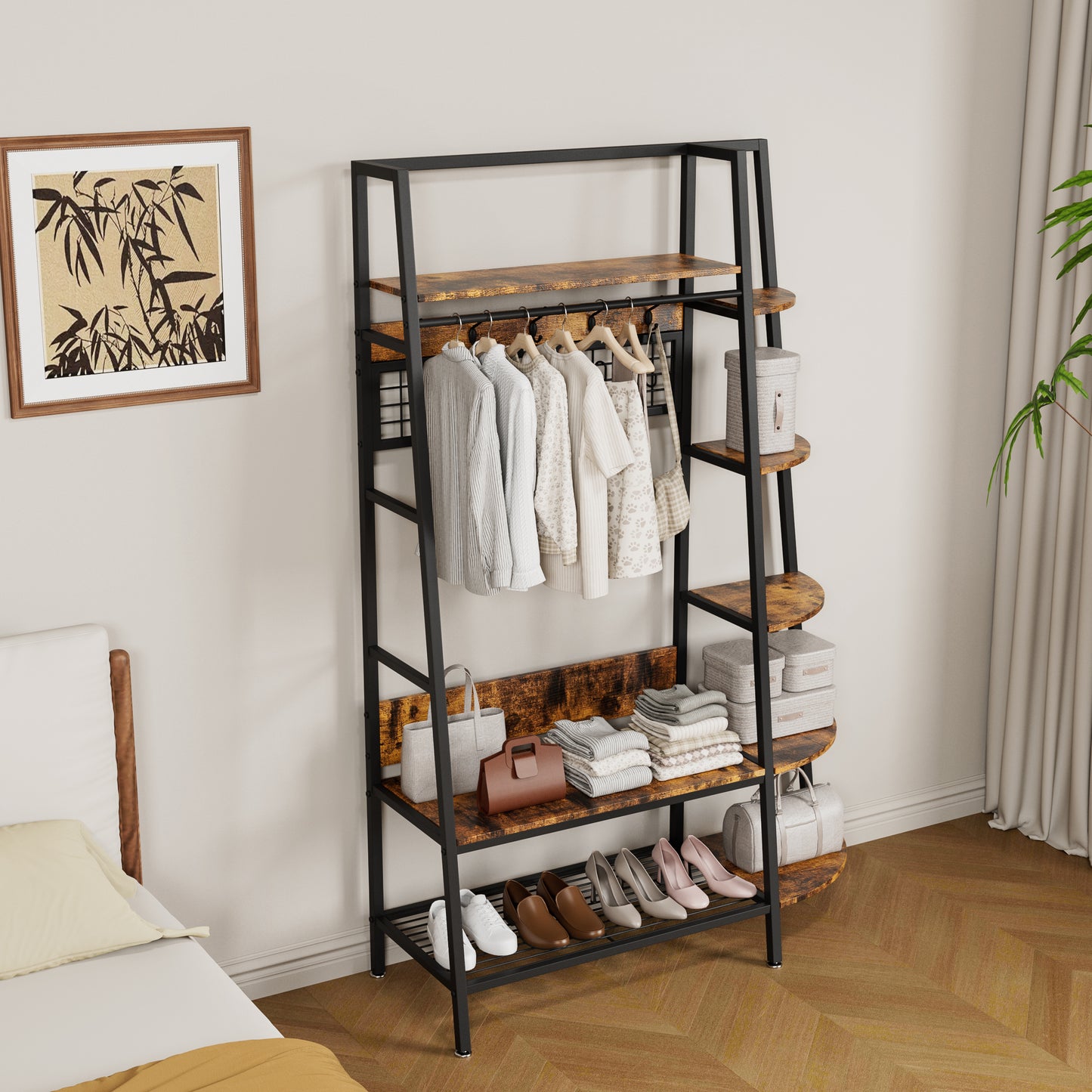 Industrial Style Freestanding Open Coat Rack With Shelves - Retro Brown Hanging Rack For Bedroom, Living Room & Home Office - Multi-Functional Clothes & Shoe Storage Organizer