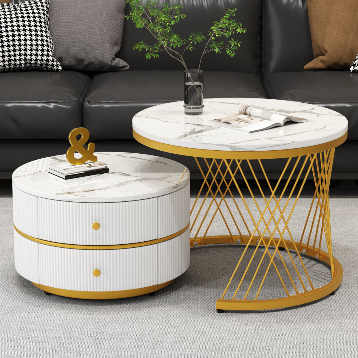 High Gloss Round Nesting Coffee Table With Marble Top, End Table, White & Black Nesting Coffee Table Set Of 2 Center Table With Storage Drawers For Living Room