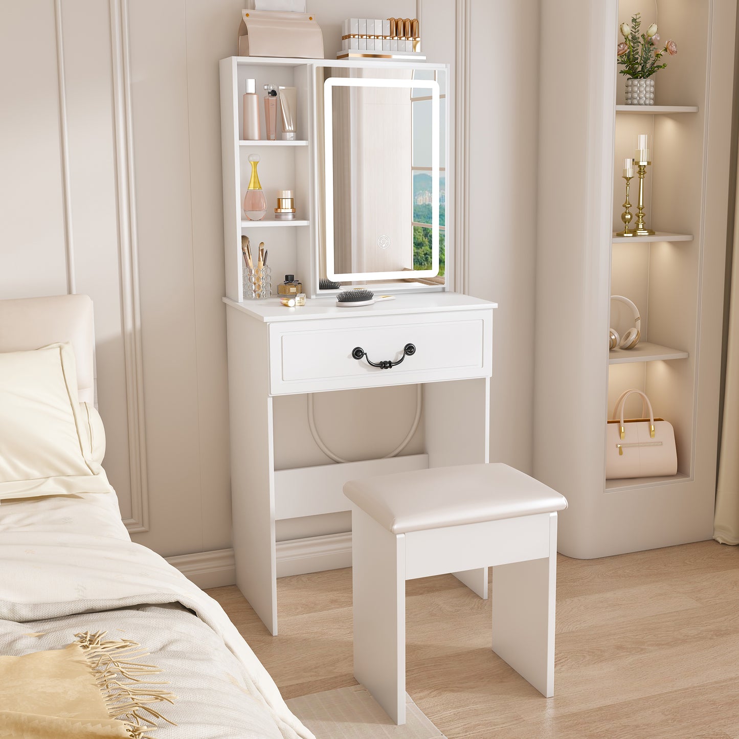 Modern Mini Dressing Table With LED-lit Mirror & Hidden Storage,Includes Padded Stool,Adjustable Brightness Vanity Desk,Multi-tier Dust-proof Shelves,White
