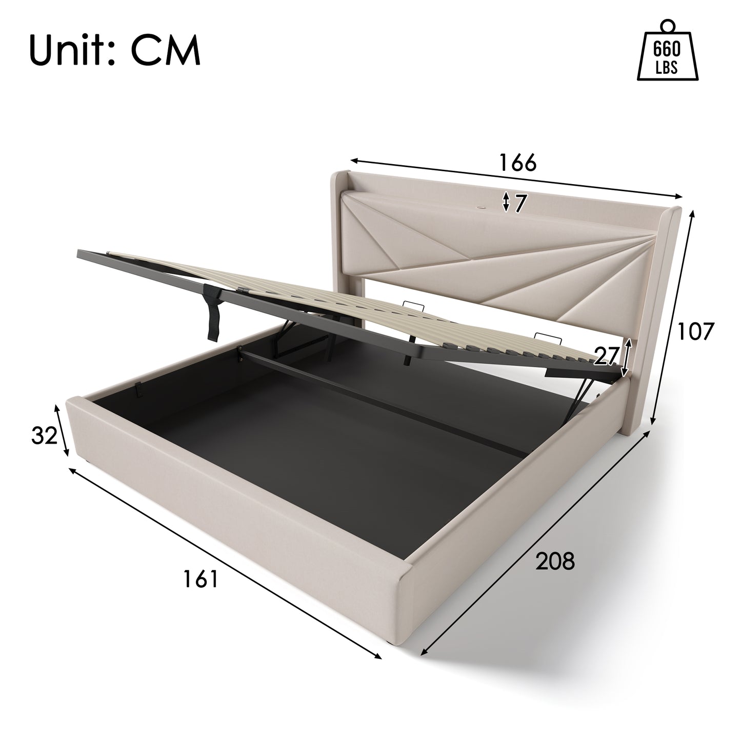 Upholstered Bed Double Bed Storage Bed Box With USB Type C Charging Function Headboard,Storage Beds Bed Frame Made Of Linen Material Youth Bed Bed 160x200 With Slatted Base  Without Mattress