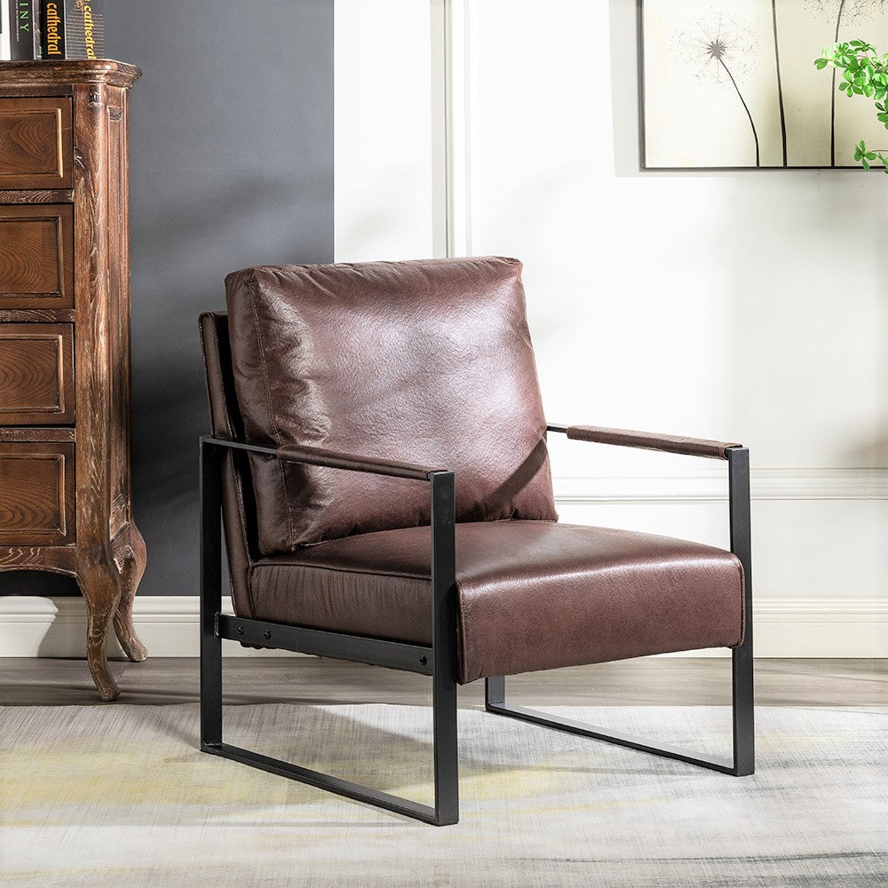 Classic Mid Century Modern Accent Chair With Durable Square Metal Frame, Armchair For Living Room, Bedroom, Home Office In Spotted Microfiber Upholstery, Dark Brown
