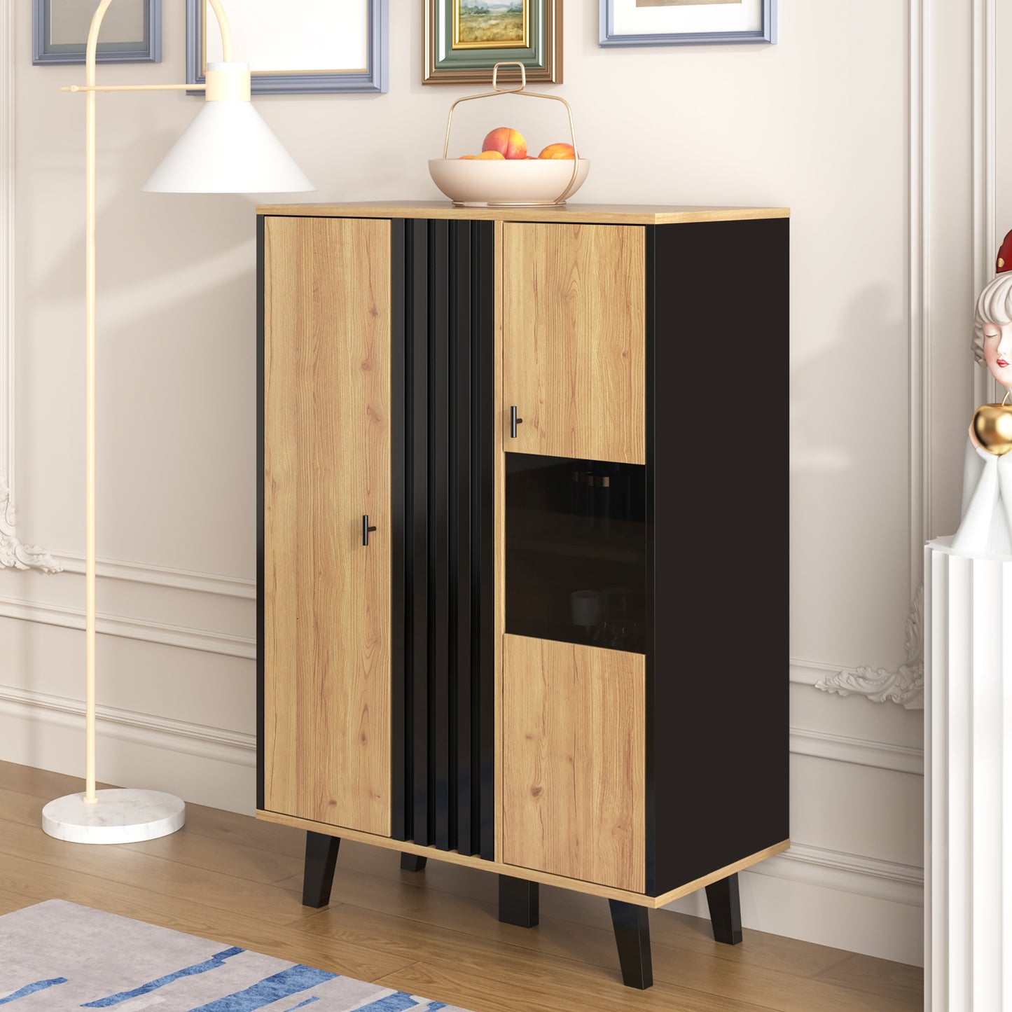 Side Cabinets, Sideboard, Display Cabinets With Glass And LED Lighting. Includes Laminates, A Combination Of Black And Wood Colors, Unique Black Wood Strip Design  OLD SKU WF313229230SAA