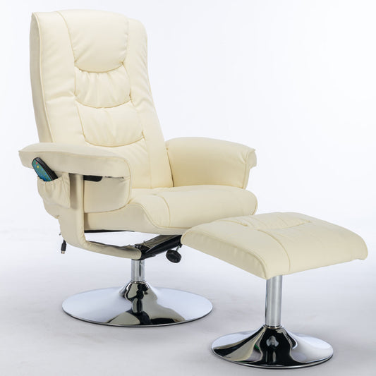 Massage Chair With PU Upholstery And Ottoman, Footstool With 5-Point Massager For Living Room And Bedroom, Beige