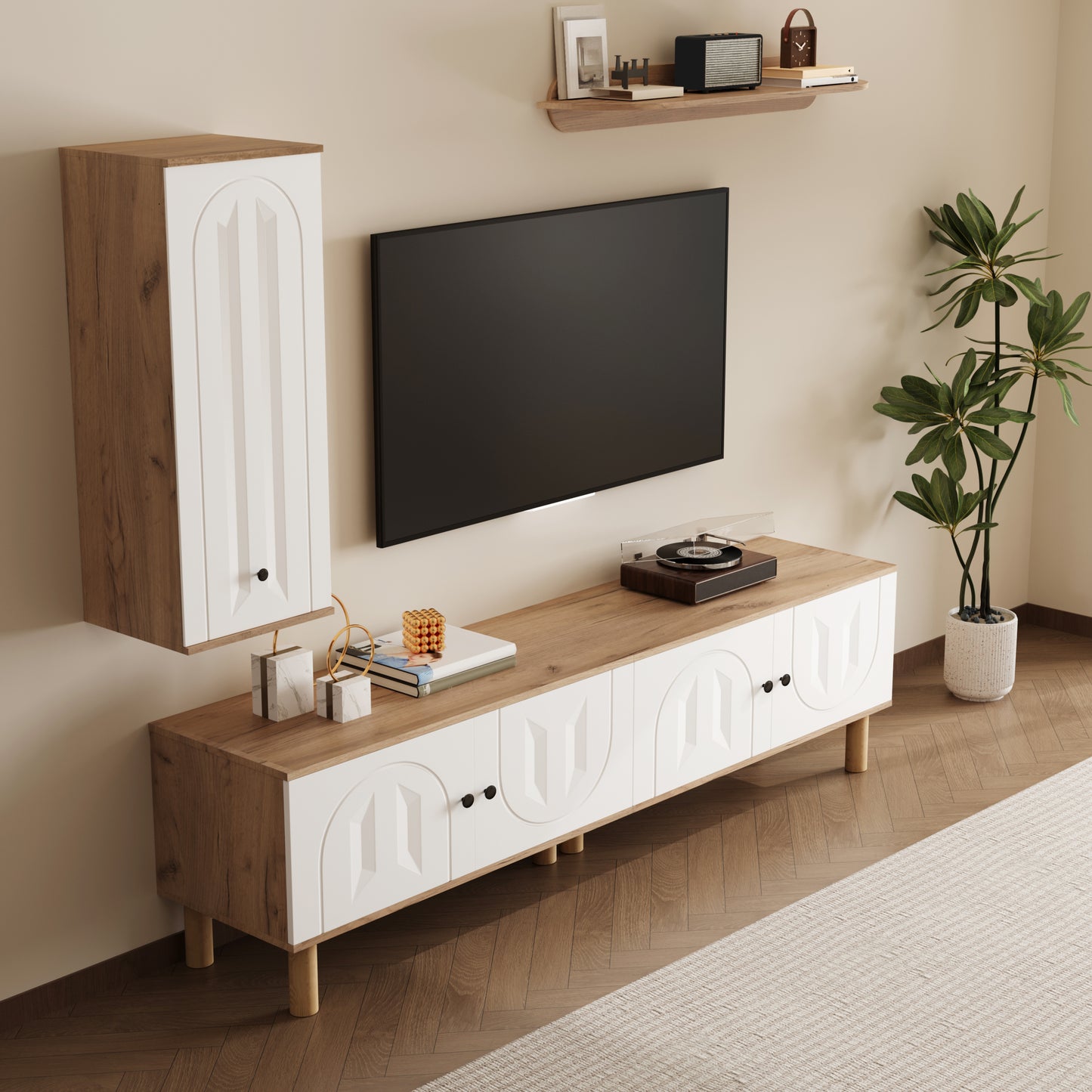 Wall Unit, 3 Pcs., Best. From Highboard, Cabinets, Wall Board. White And Wooden, Carved Door Panels.