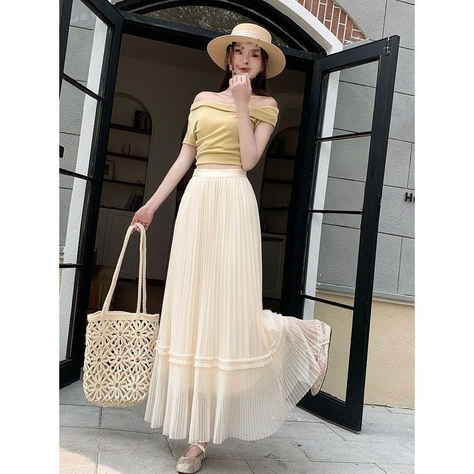 Korean-style Draped Tulle Pleated Skirt For Women