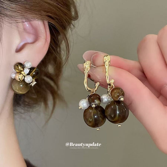 Vintage Zircon Geometric Round Pendant Earrings For Women, Fashion Maillard Trendy Personal Studs, Light Luxury High-End Niche Ear Jewelry