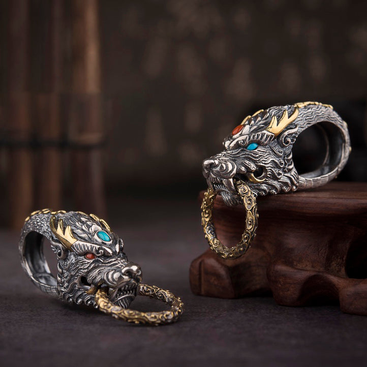 1pcs 925 Sterling Silver Dragon Head Keychain, Retro Punk Style, For Daily Use & Car Key Holder, Unique Gift For Men