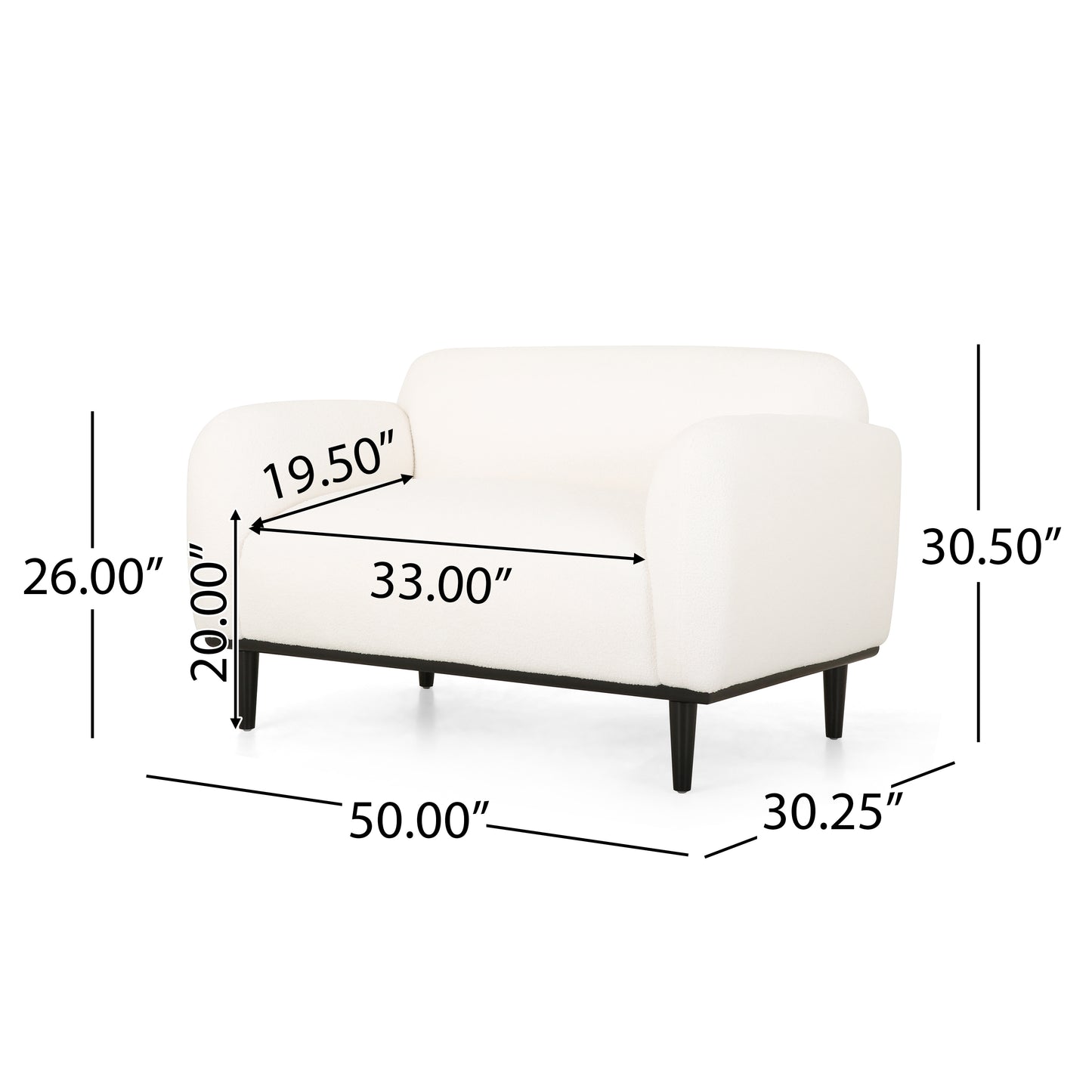 Boucle Fabric Loveseat Sofa - 50 Inch White Upholstered 2-Seater With Black Legs, Comfortable & Stylish For Living Room, Office, Or Reading Nook,White
