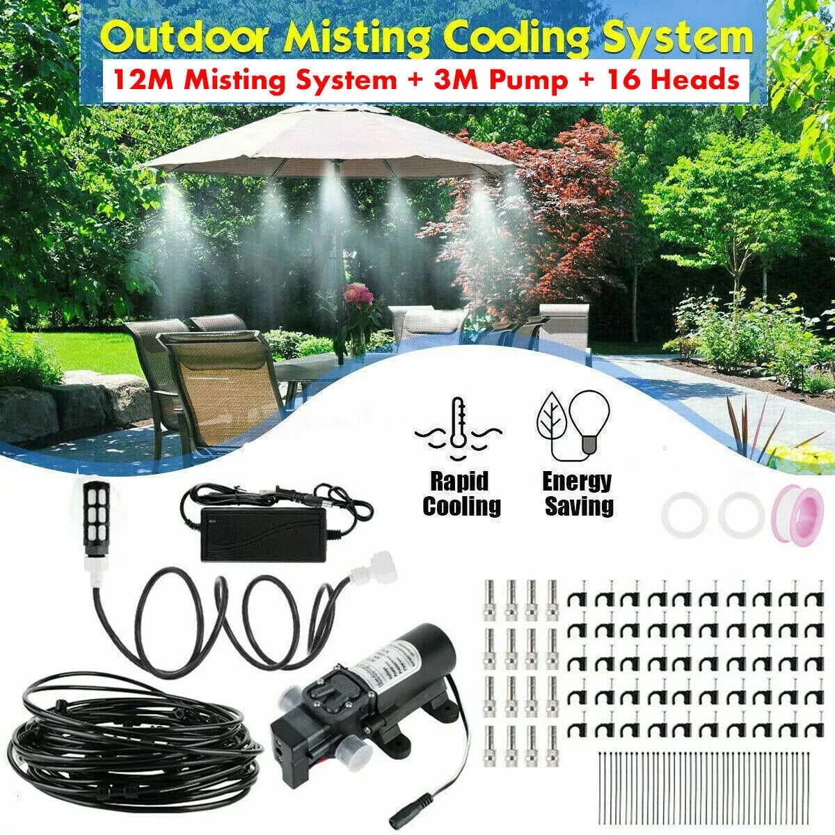 15m Misting System 12V 5L Min Water Garden Sprayer Sprinkler Cooling System