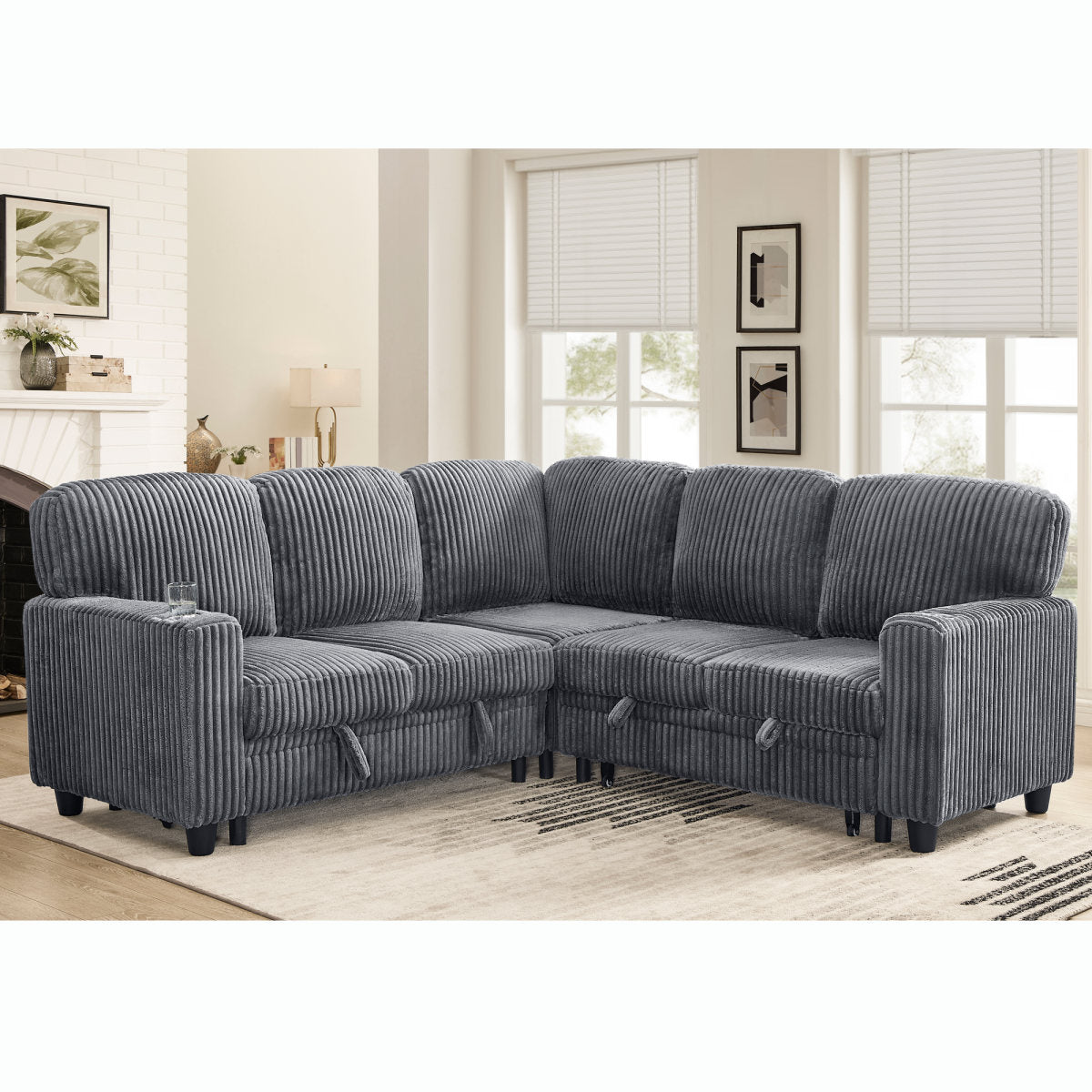 L-Shaped Sectional Sofa Bed with Pull-Out Bed & Storage, 5-Seat Sleeper Couch with USB Charging, Convertible Design for Living Room, Apartment, Corduroy Fabric, Grey