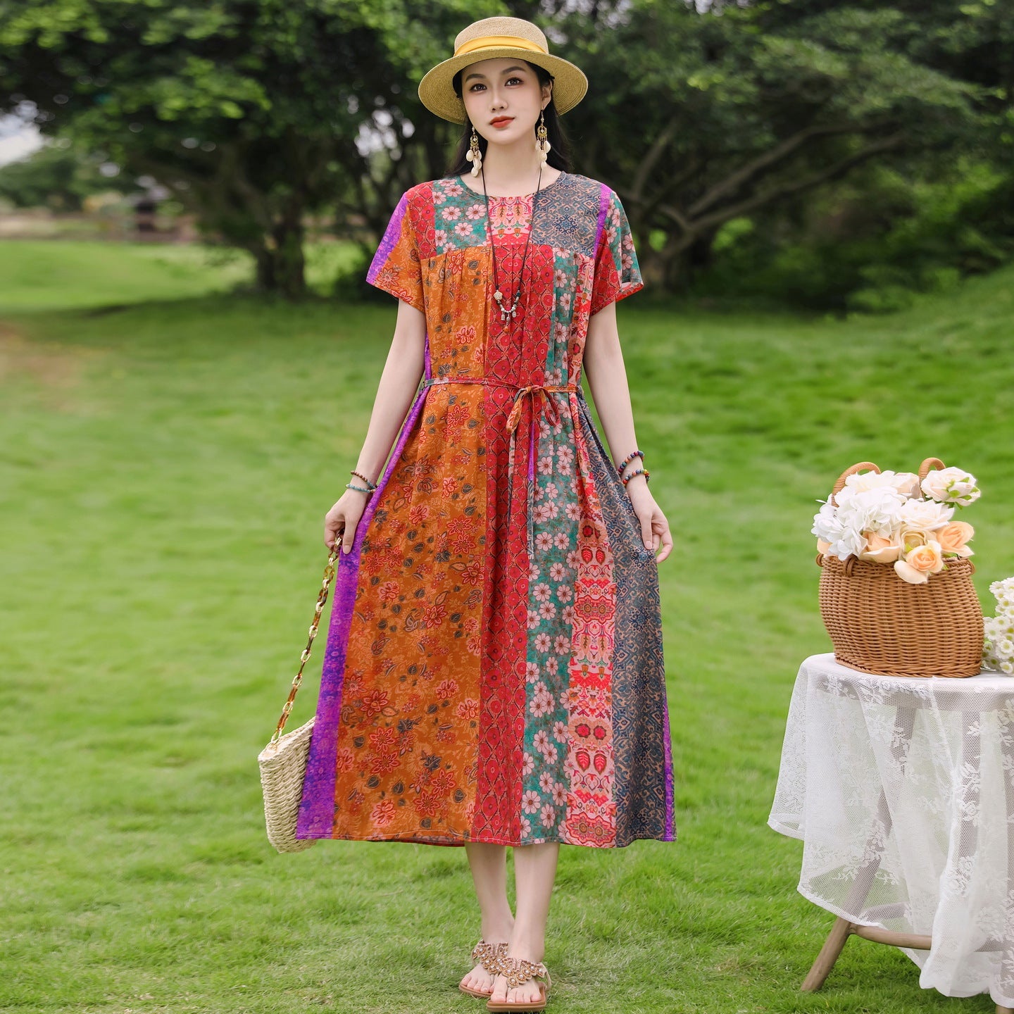 New Elegant Cotton Silk Dress For Middle Aged And Senior Women