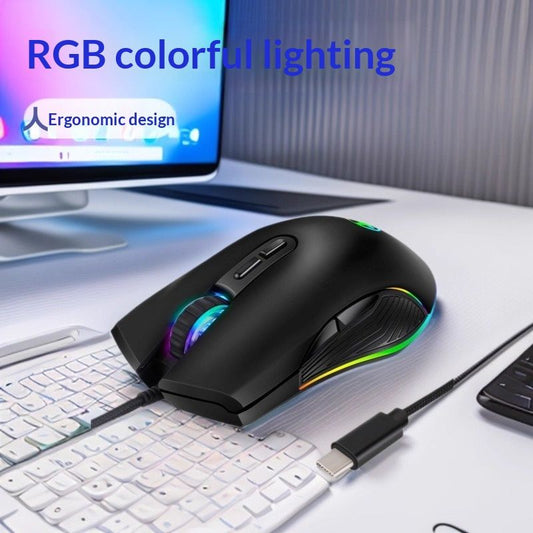 USB-C Wired Optical Mouse With RGB Colorful Lighting