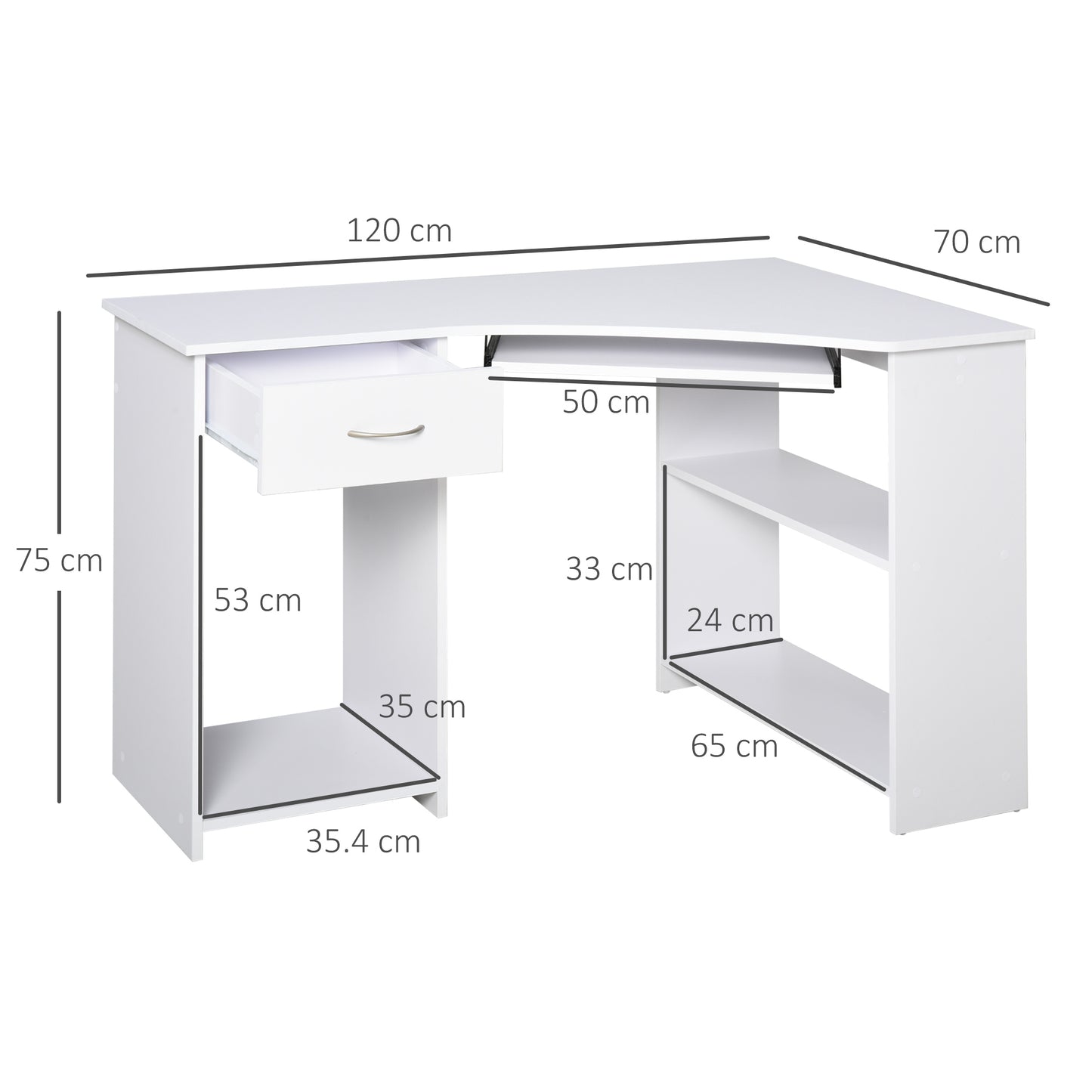 L-Shaped Corner Computer Desk W/ 2 Shelves Wide Worktop Keyboard Tray Drawer & CPU Stand Home Office Study Bedroom Furniture White