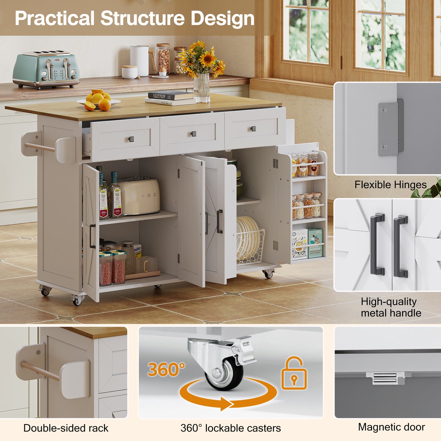 Kitchen Island With Foldable Countertop,  5 Lockable Wheels, 4 Doors, 3 Drawers, Door Shelf, Storage Racks, Towel Holder, Barn Style Design, White, 140x43 70 X90.5 Cm