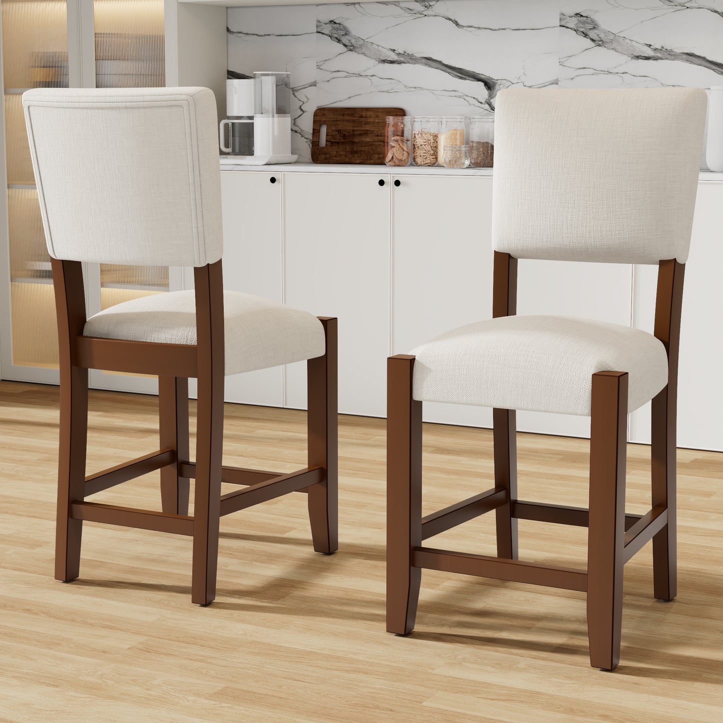 Mid Century Modern Bar Stools Set Of 2, 40.4  Counter Stools With Back, Linen Upholstered Barstools With Solid Wood Legs Bar Chairs For Kitchen Island Dining Room, Beige