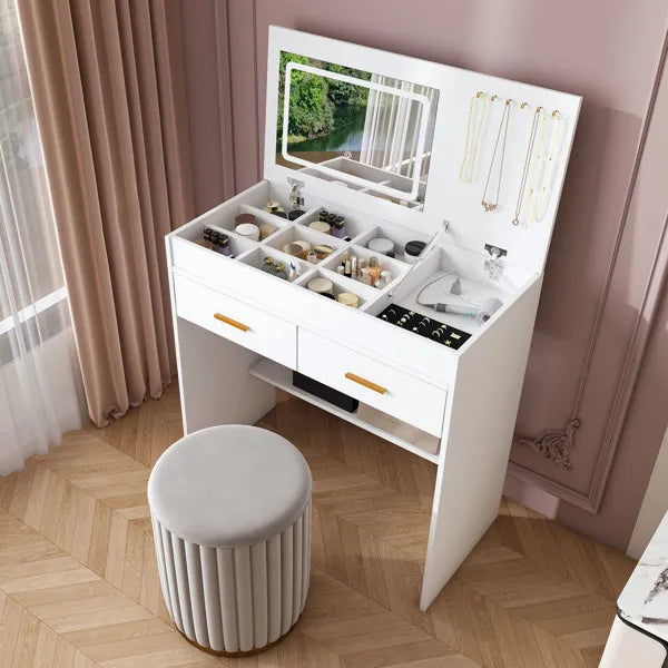 Flip Top Vanity Desk With LED Lighted Mirror & Built-in Outlet - Makeup Vanity Table With 2 Drawers, Open Storage, Hooks For Jewelry (No Stool Included, White)