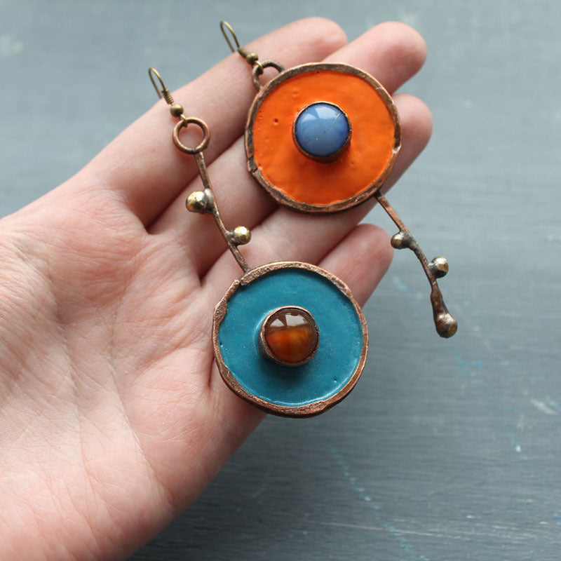 Creative Best-Selling Asymmetric Graffiti Antique Red Copper Earrings
