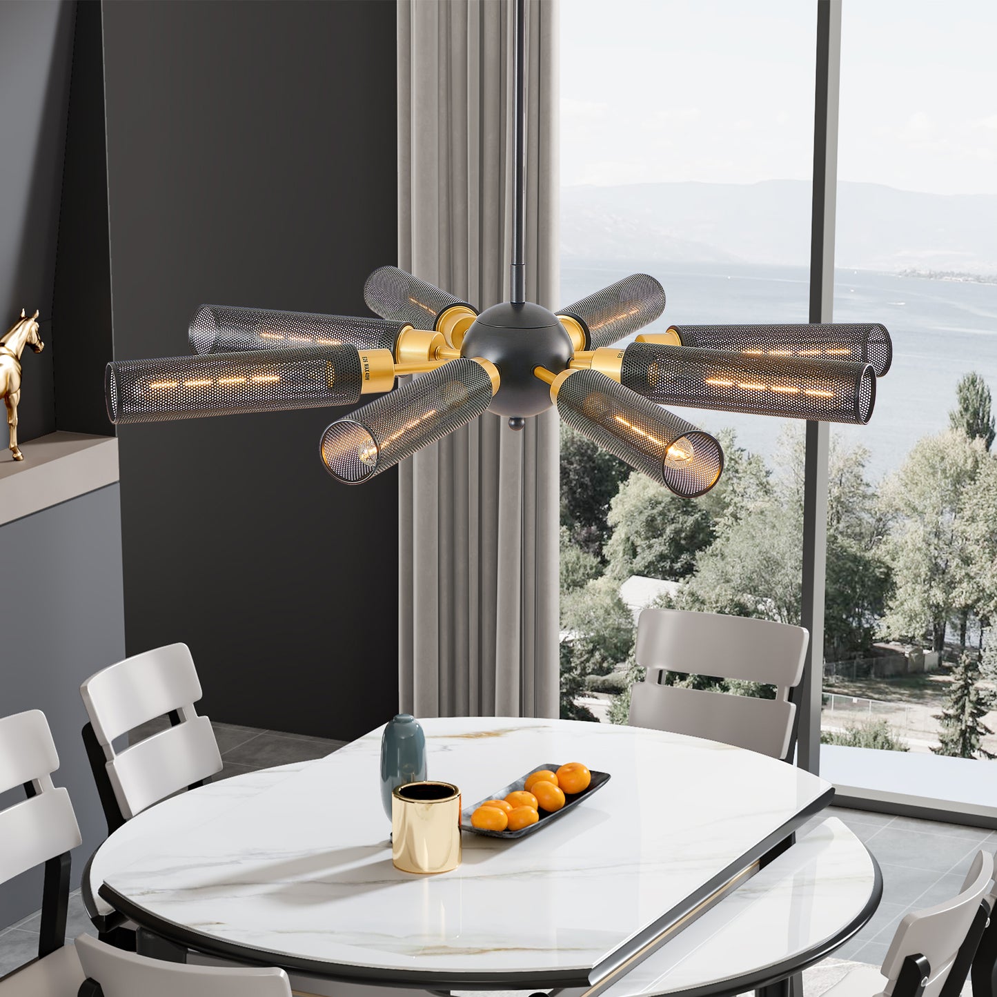 34  Modern Industrial Sputnik Chandelier, 8-Light Black And Gold Metal Pendant Light With Mesh Shades, E26 Base, Adjustable Height For Dining Room, Living Room, Or Kitchen Island Bulb Not Included