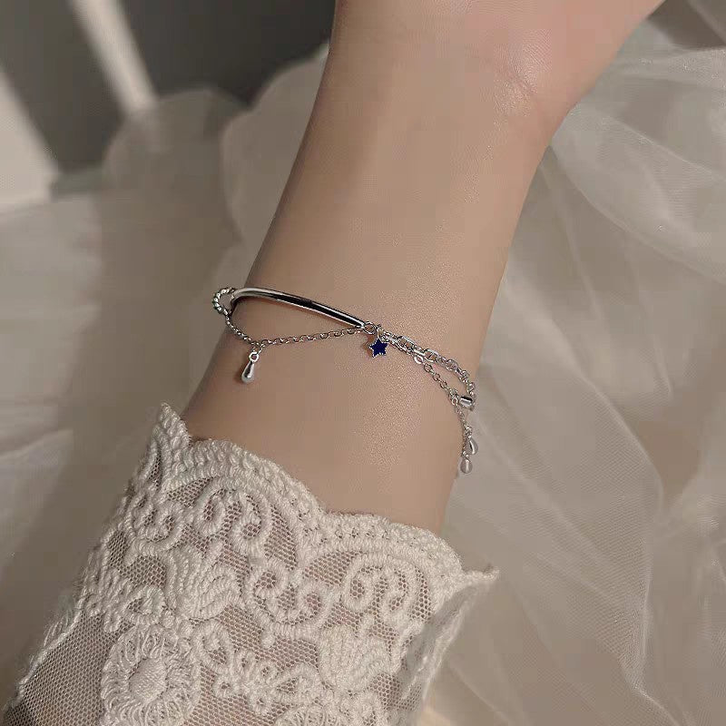 1pc 999 Sterling Silver Double-Layer Tassel Star Half-Bangle Bracelet, Trendy Style, Perfect For Daily Wear & Valentine's Gifts