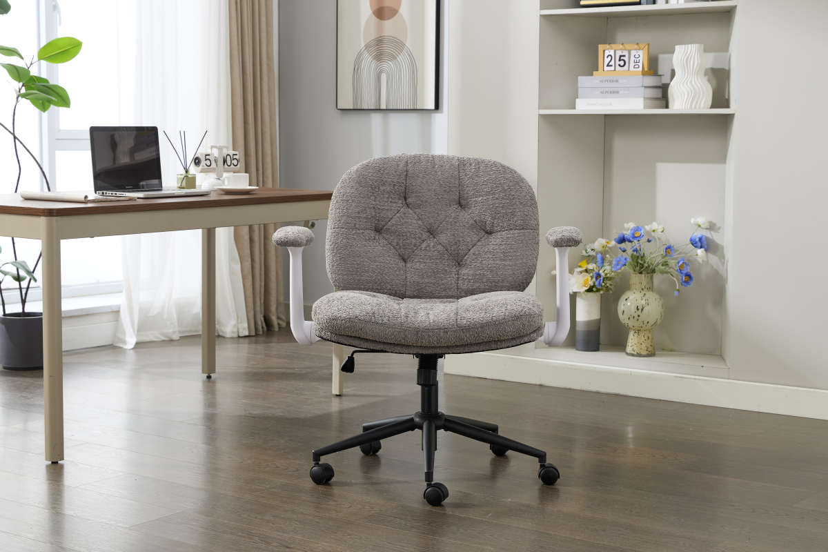 Cross Legged Chair With Flip-up Armrests, Comfy Swivel Chairs With Wide Seat For Women, Adjustable Makeup Vanity Chair For Apartment, Home, Office,Grey.