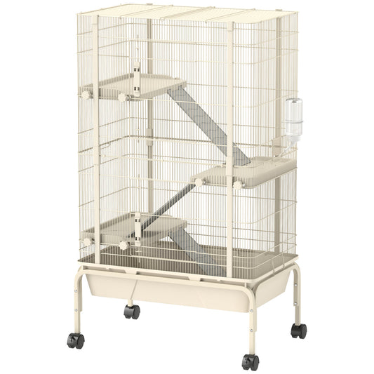 PawHut 4-Level Rolling Small Animal Cage, Rabbit Cage With 3 Ramps, Water Bottle, Food Dish, 15cm Deep Tray, Beige