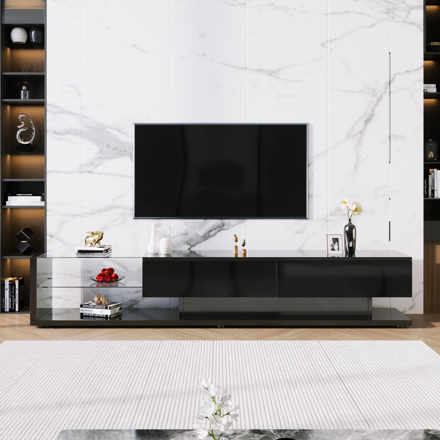 TV Cabinets, Lowboards, High-gloss Living Room Furniture. Glass Partitions And Variable LED Lighting. It Combines Natural, Rustic Style With Modern Design