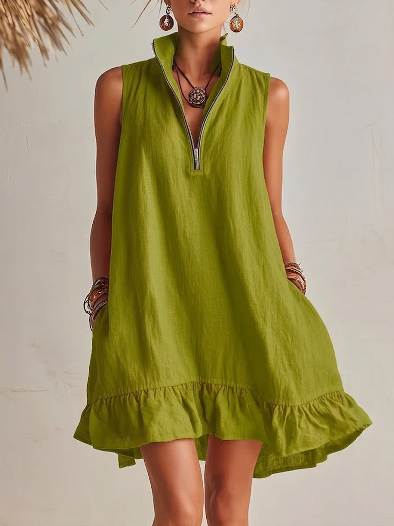 Womens New Fashion Casual Loose Sleeveless Dress HalfZip With Ruffled Hem