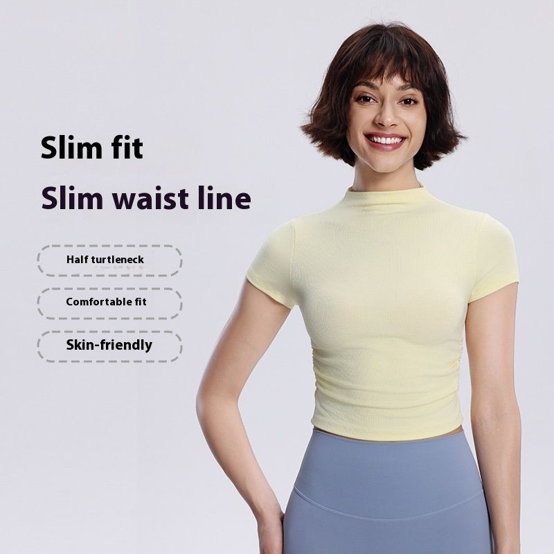 Women's Graceful And Fashionable Slim-fit Half Turtleneck Pleated Waist Yoga Clothes Sports Casual Top