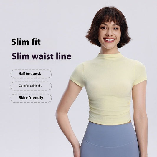 Women's Graceful And Fashionable Slim-fit Half Turtleneck Pleated Waist Yoga Clothes Sports Casual Top