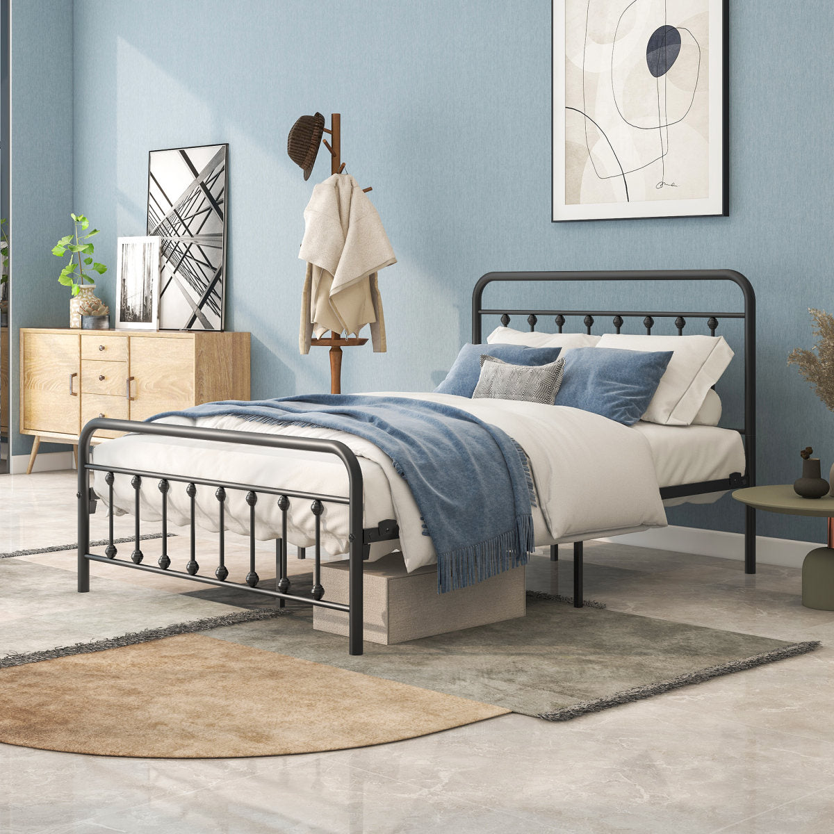 Metal Platform Bed Frame, Victorian Style Headboard/Footboard/Under Bed Storage/No Box Spring Needed/Full Size Black