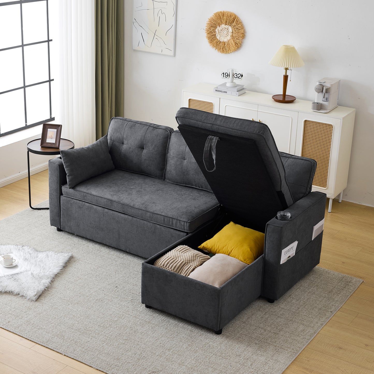 3-in-1 Convertible Sofa Bed With Internal Storage Chaise, L Shaped Sleeper Sofa Couches With Cup Holders, Pillows And Storage Pocket. Pullout Sectional Daybed For Living Room Bedroom Office, Grey