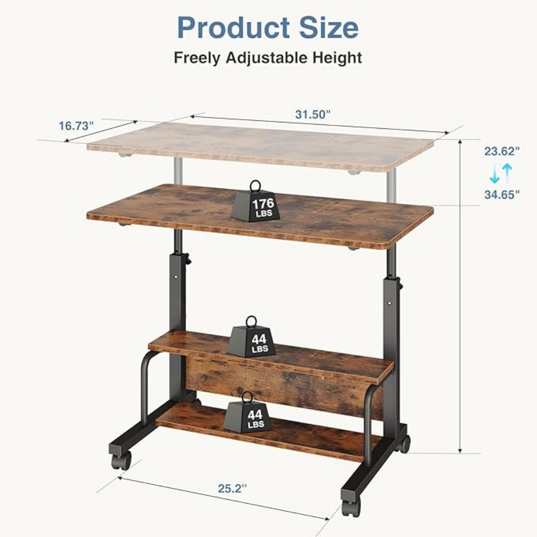 31.5-inch Manual Standing Office Desk, Portable Computer Table With Adjustable Height, Equipped With Lockable Wheels And Double-layer Storage Space