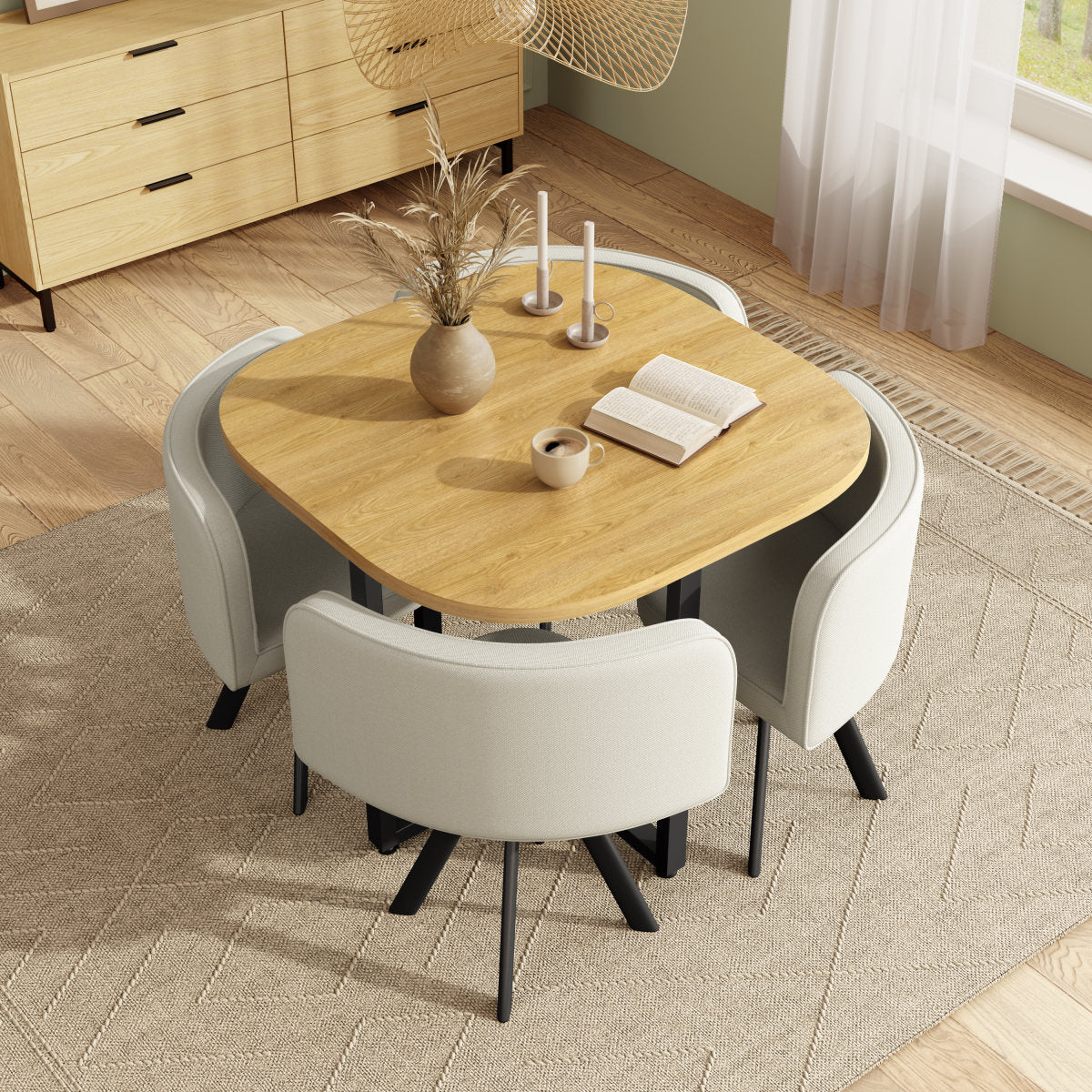 Dining Table And Chairs Set 4, Square Wooden Kitchen Dining Table  85x85   With 4 Chairs For Small Space Home Apartment Living Room, MDF Tabletop, Linen Fabric, Metal Legs,Oak Tabletop  Beige Chair