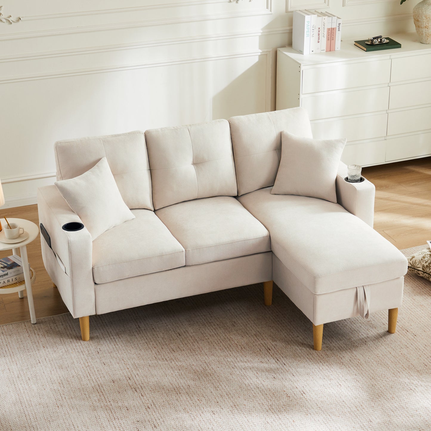L-shaped Modern Sofa, 3 Seater Sofa With Chaise Longue, Storage Space, Integrated Cup Holder, Comes With 2 Cushions, Suitable For Living Room, Office, Apartment, Etc., Video Available
