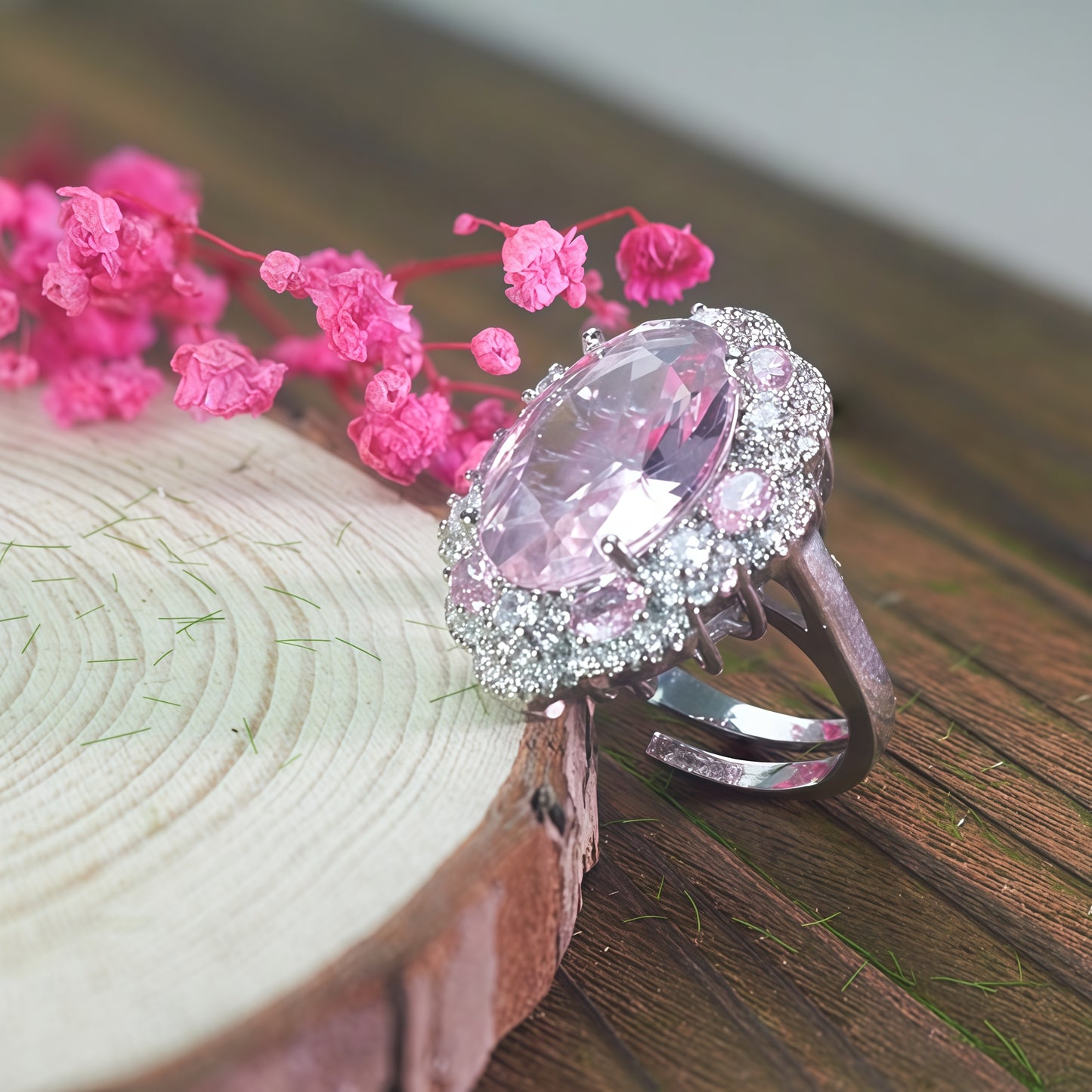 Oval Large  CZ Multi-Tone Floral Halo Statement Ring For Women, Copper Plated Silver Mixed  White Crystal Vintage Wedding Cocktail Jewelry Gift